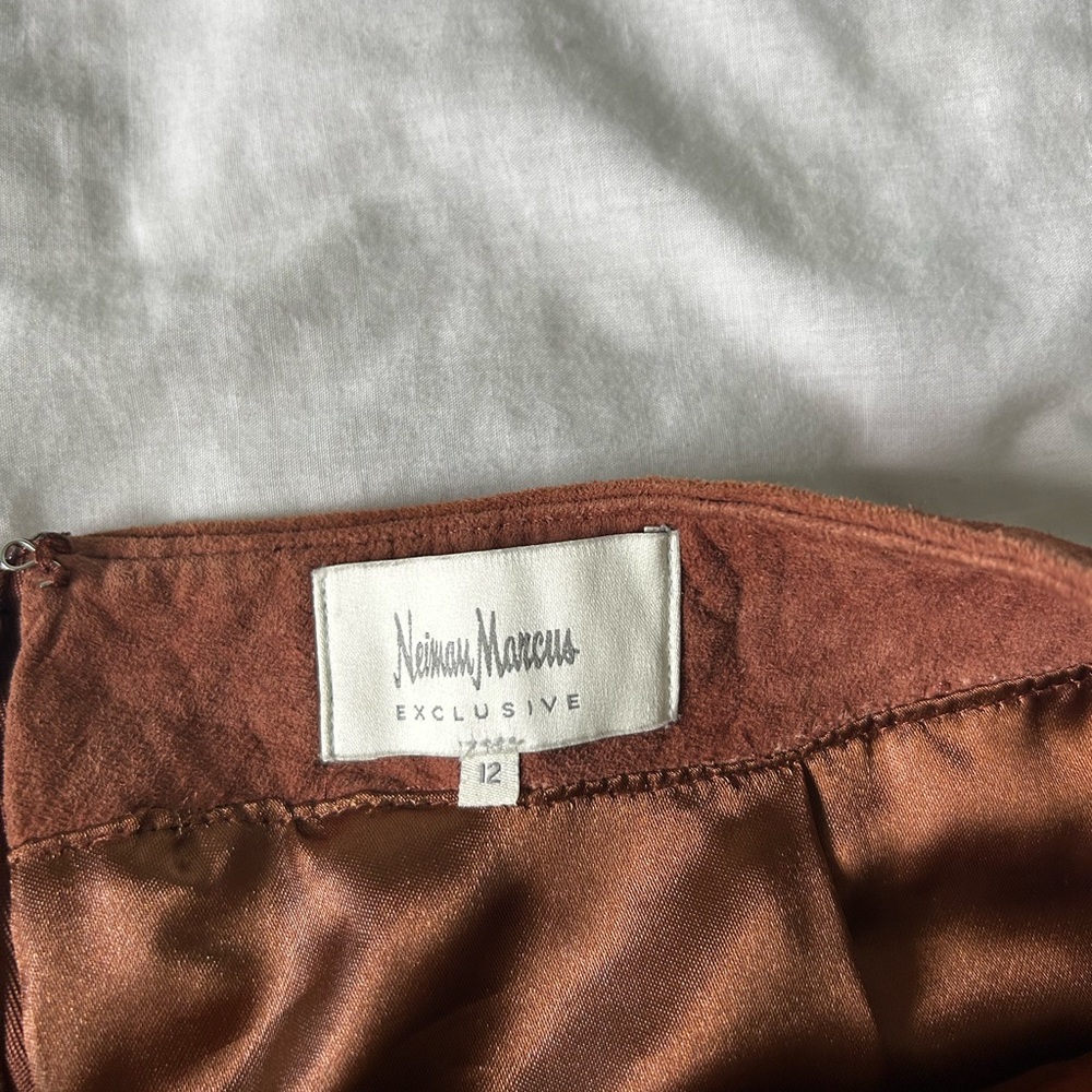 Vintage 90s Neiman Marcus Womens Leather A-line Skirt Size 12 Brown Suede Mini - Picture 5 of 6